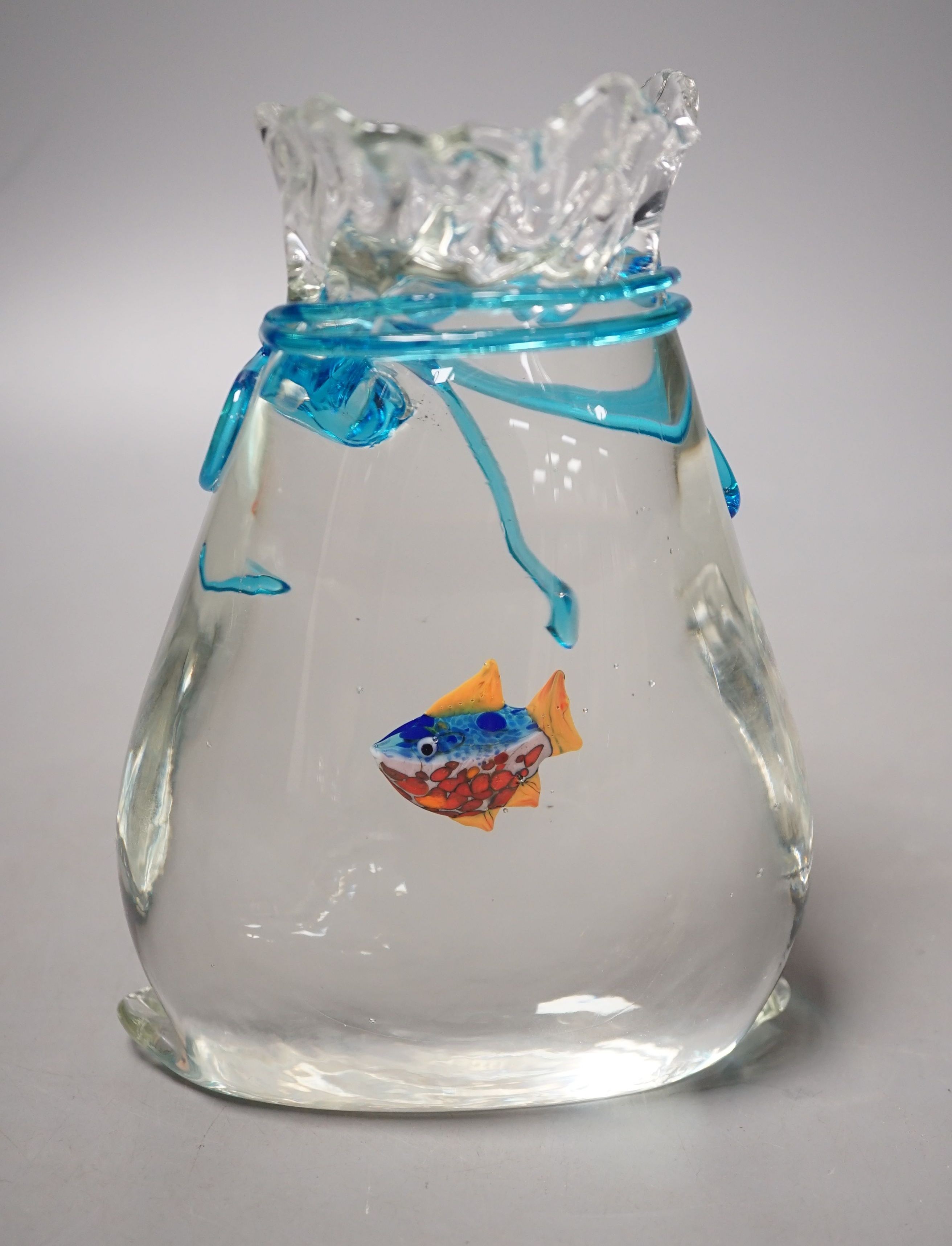 A signed Scagnetti Aldo ‘fish in a bag’ lampwork glass paperweight - 17cm tall